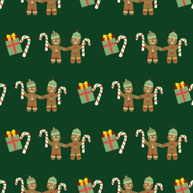 Tatlı zencefilli çörekler, baston şekerler, kusursuz vektör desenleri sunar. Koyu yeşil zeminde geleneksel Noel motifleri. Eğlenceli bir el, saf bir şekilde tekrar ediyor. Her yerde tatiller var..