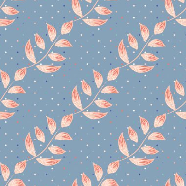 Kusursuz vektör desenli yapraklar. Pastel mavisi, pembe botanik yaprağı. El çizimi sanat köşegen yaprak arka planı ince lif dokusu. Bebek, sağlık paketi için tasarım