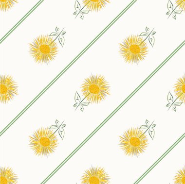 Inula çiçeği kusursuz vektör desenli arka plan. Daimi kır evi çiçekleri sarı köşegen çizgili arka plan. Dev Fleabane boyalı geometrik tasarım. Yaz için Maximalist Cottagecore.