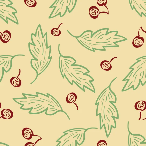 ベリーと葉のシームレスベクトルシームレスパターンの背景 散乱手細工の木版画スタイルでお祭りの背景 冬の果実と葉のクリスマスを繰り返します 伝統的なヴィンテージカラー — ストックベクタ