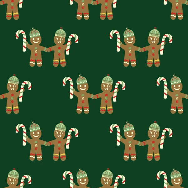 可爱的姜饼男 糖果手杖无缝矢量图案背景 传统圣诞主题为深绿色背景 欢愉的手绘着天真的风格重复 到处都是假期 免版税图库矢量图片