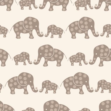 Şirin, bebek fil vektörlü, kusursuz bir geçmişi var. Sevimli, basit, bej rengi, kahverengi, doğal, saf, el yapımı filleri olan bir arkaplan. Çocuk odası ve çocuklar için geometrik tekrarlama tasarımı