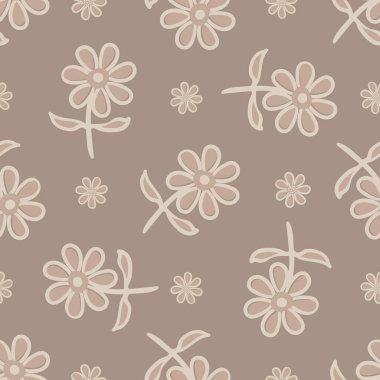 Yaban çiçeğinin kusursuz vektör yapısı. Tarafsız bej rengi, kahverengi, naif çayır çiçeği arka planı. El çizimi sanat tasarımı botanik tasarımı. Bahçe çiçekleri ambalaj için estetik.