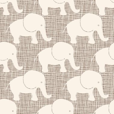 Cute baby elephant vector seamless pattern background. Adorable simple beige gender neutral backdrop with naive hand drawn elephants. Burlap texture overlay. Repeat design for nursery, children