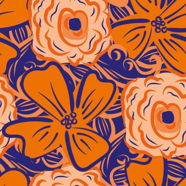 Wildflower seamless vector pattern background. Tropical color boho style meadow flowers backdrop. Hand drawn line art painterly botanical design. Garden flower cottagecore repeat for summer.