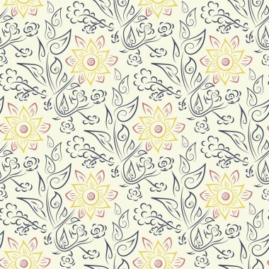 Wildflower seamless vector pattern background. Vintage boho style meadow flowers backdrop. Hand drawn textural painterly botanical design. Garden flower cottagecore maximalist repeat.