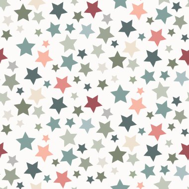 Renkli yıldız kusursuz vektör deseni. Pembe, sarı, mavi beyaz arka plan. Yoğun dağınık yıldız arkaplanı. Göksel şekiller tekrar eder. Bebek için, duvar kağıdı, ambalaj kağıdı, cinsiyet ayrımı yok...