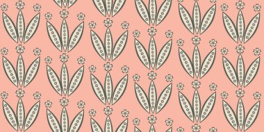 Şekillendirilmiş lale çiçeği. Kusursuz vektör kenar arkaplanı. Klasik ortaçağ renk çiçek pankartı. El çizimi sanat geometrik botanik tasarımı. Bebek için güzel pembe bahçe çiçekleri, kurdele..