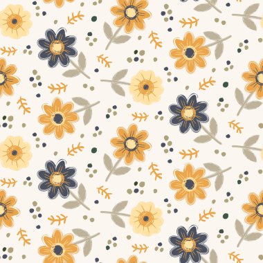 Saf çayır çiçekleri kusursuz vektör desenli arka plan. Antika retro renk karalanmış çiçek arkaplanı. Mavi turuncu dağınık botanik tasarımı. Dekoratif bahçe çiçekleri yaz için her yere basılmış..