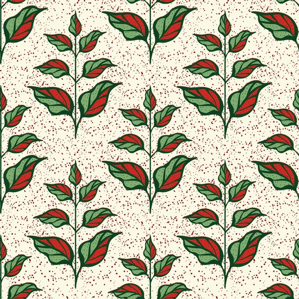 stock vector Stylized shape leaf on stems seamless vector pattern background. Red greeen vintage offset geometric foliage on dot textured backdrop. Damask style layout. Festive line art repeat for Christmas.