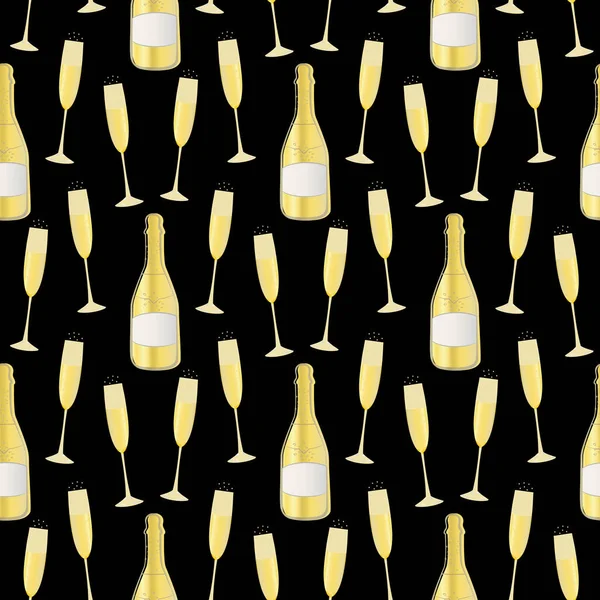 Champagner Flasche Und Gläser Vektor Nahtlose Muster Hintergrund Elegante Goldschwarze — Stockvektor