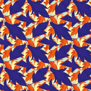 Soyut modern stil yapraksız vektör şablonu. Yapraklar harmanlanmış arka plan. Tropikal tasarım. Doğa yeşillikleri yaz için tekrarlanır. Dağınık turuncu, kobalt mavisi..