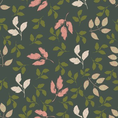 Pembe yeşil yaprak vektörünün arka planı pürüzsüz. Bahar ya da yaz arkaplanı yapraklı. Her yere saçılmış saçaklar. Kumaş, ambalaj, duvar kağıdı için dekoratif botanik tekrarı.