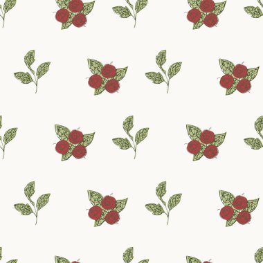Kırmızı dutlu vektör yaprağı deseni. Soyut bir sanat eseri, kusursuz bir arkaplan. Arkaplanda yapraklar ve meyve var. Her yere saçılmış saçaklar. Dekoratif botanik tekrarı.