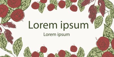 Kırmızı böğürtlenli vektör yaprağı sınırı ve ortada yazı için boşluk. Soyut sanat eseri kırmızı yeşil afiş. Arkaplanda yapraklar ve arka planda meyveler var. Şükran Günü için, Noel için