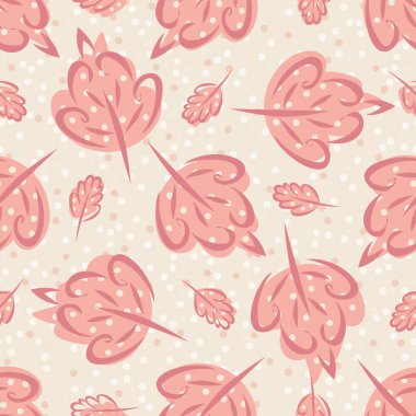 Pembe yaprak fırçası kusursuz vektör desenli arka plan vuruşları yapar. Noktalı arka planda el çizimi yapraklar. Doğanın botanik arkaplanı bebek ve ambalaj için her yere basılmış. Saf stil.