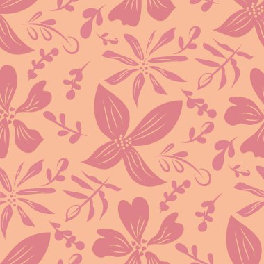 Şeftali tüylü tropikal çiçekler kusursuz vektör desenli arka plan. El çizimi çiçek arkaplanı. Doğa botanik pembe şeftali turuncusu. Bahçıvanlık ve paketleme için her yerde parmak izi var. Saf boho stili.