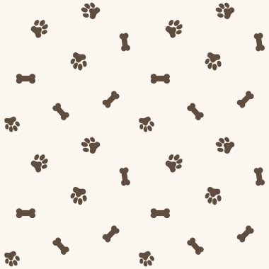 Köpek pençesi ve kusursuz vektör yapısı. Kemiklerle dağılmış eğlenceli nötr köpek arkaplanı. Köpek ve evcil hayvan ürünleri için Ecru bej hayvan tekrarı. Her yerde küçük elementler var.