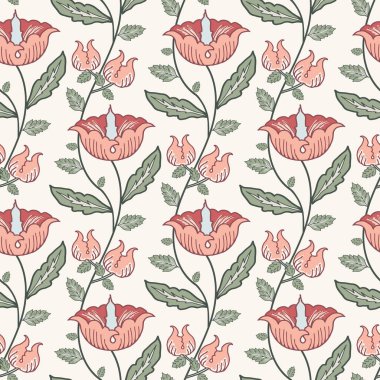 Çiçeklerin eski tarz, dikdörtgen desenli arka planı takip ediliyor. Hint çiçekleri stilize edilmiş çiçekler ve yapraklar. Düğün, bahçe blogu, yaz için el yapımı pembe ve yeşil botanikler..