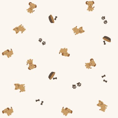 Tatlı çizgi film köpekleri kusursuz vektör desenli arka plan. Dağıtılmış köpek arkaplanı, küçük el çizilmiş köpekler, yemek kasesi, kemikler ve pençeler. Hayvan bakımı aksesuarları. Köpek ürünleri için tekrar eden hayvanlar.
