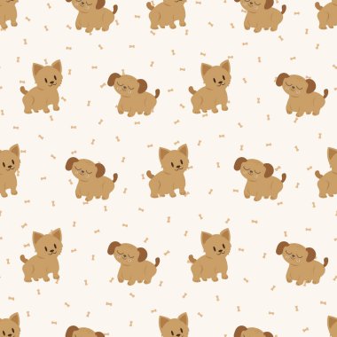 Tatlı çizgi film köpekleri kusursuz vektör desenli arka plan. El yapımı köpek yavruları ve pati izleriyle arka plan. Hayvan bakımı ve sağlık hayvanları, köpek ürünleri, iş ve çocuklar için tekrarlar.