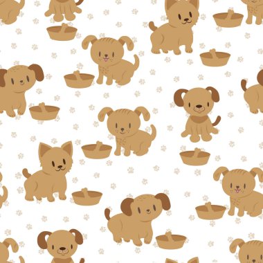 Tatlı çizgi film köpekleri kusursuz vektör desenli arka plan. Dağıtılmış köpek arkaplanı, küçük el çizilmiş köpekler, yemek kasesi, kemikler ve pençeler. Hayvan bakımı aksesuarları. Köpek ürünleri için tekrar eden hayvanlar.