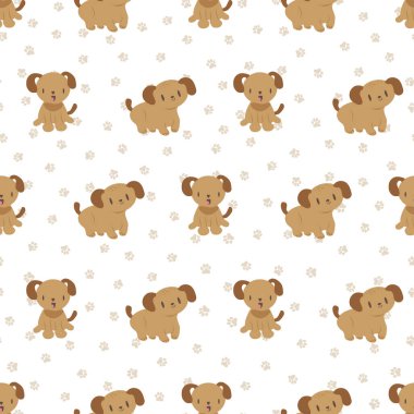 Tatlı çizgi film köpekleri kusursuz vektör desenli arka plan. El yapımı köpek yavruları ve pati izleriyle arka plan. Hayvan bakımı ve sağlık hayvanları, köpek ürünleri, iş ve çocuklar için tekrarlar.