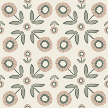 Tarafsız şirin papatya çiçekleri vektörsüz desenli arka plan. Düzensiz modern çiçek başları, sapları, yaprakları olan geometrik fayans efekti. Bahçe için botanik tekrarı, cinsiyet ayrımı yok .