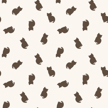 Oturan kedi nötr vektör desenli arka plan. Dağınık bir planda kedi siluetleri olan bir fon. Kedi kedisi ve evcil hayvan ürünleri ya da blog için Ecru bej hayvan tekrarı. Her yerde.