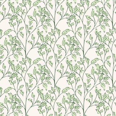 Sprig ve yaprak dokusu, orta yüzyıl modern, kusursuz vektör desenli arka plan. Zarif el yapımı boya fırçası stili örtüşen yeşillik arkaplanı. Boyalı bitkisel yaprak baskı için tekrarla, web.