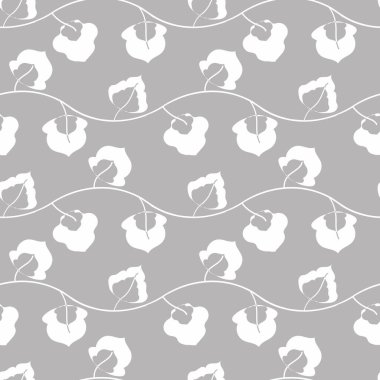 Soyut gri çiçekleri takip eden, dikdörtgen desenli arka plan. Yatay gövde üzerinde gezinen yapraklar. El yapımı botanik doğa motifleri ambalaj, sonbahar, kış ve ev yapımı kumaşlar için tekrarlanır..