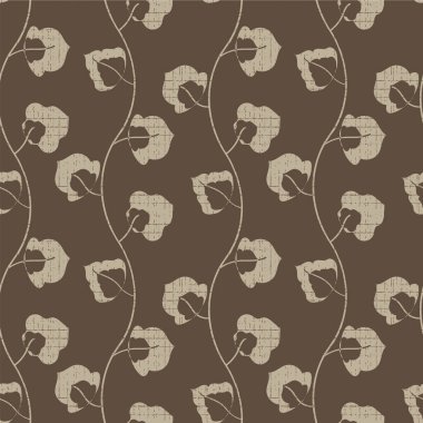 Çiçeklerin arkasında zengin, sıcak, kahverengi, dikdörtgen desenli bir arka plan var. Dikey gövde üzerinde gezinen yapraklar. El yapımı botanik doğa motifleri ambalaj, sonbahar, kış ve ev yapımı kumaşlar için tekrarlanır..