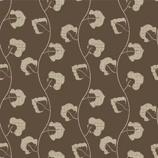 Çiçeklerin arkasında zengin, sıcak, kahverengi, dikdörtgen desenli bir arka plan var. Dikey gövde üzerinde gezinen yapraklar. El yapımı botanik doğa motifleri ambalaj, sonbahar, kış ve ev yapımı kumaşlar için tekrarlanır..