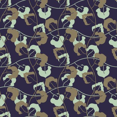 Çiçeklerin soyut takibi vektörsüz model arka planı. Yatay gövde üzerinde gezinen yapraklar. El yapımı botanik doğa motifleri ambalaj, sonbahar, kış ve ev yapımı kumaşlar için tekrarlanır..