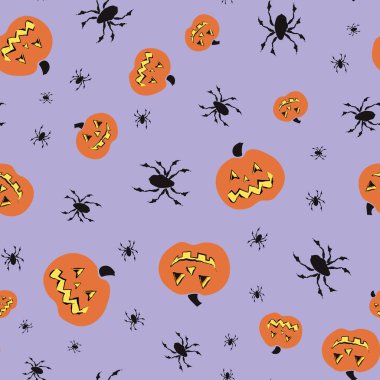 Ürkütücü Cadılar Bayramı balkabakları ve örümcekleri kusursuz vektör desenli arka plan. Portakallı Jack o Fener ve Siyahlar Pider dizaynı mor arka plana attılar. Çocuklar için geleneksel Cadılar Bayramı kutlama motifleri