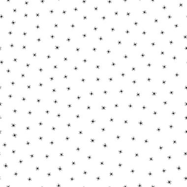 Silüet örümceklerle donuk bir Cadılar Bayramı deseni. Vektör el çizimi illüstrasyon. Beyaz arka planda minik siyah eklembacaklılar. Ekim ayının sonbaharında ambalaj için arka plan, ürkütücü sürüngenler.