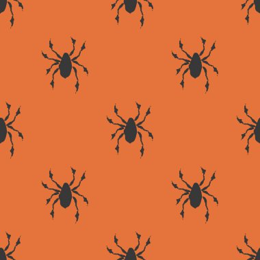 Silüet örümceklerin olduğu kusursuz bir cadılar bayramı geometrik deseni. Vektör el çizimi illüstrasyon. Turuncu arka planda minik siyah eklembacaklılar. Ekim sonbahar tatili arkaplanı ambalaj, yazdırma.
