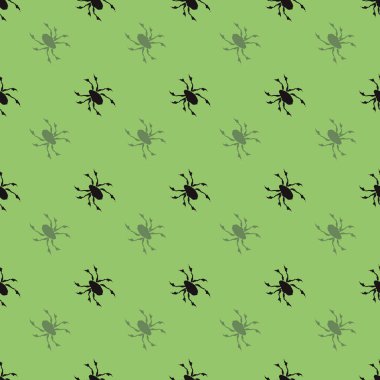 Silüet örümceklerle Cadılar Bayramı kusursuz çapraz deseni. Vektör el çizimi illüstrasyon. Beyaz arka planda minik siyah eklembacaklılar. Ekim sonbahar tatili arkaplanı ambalaj, yazdırma.