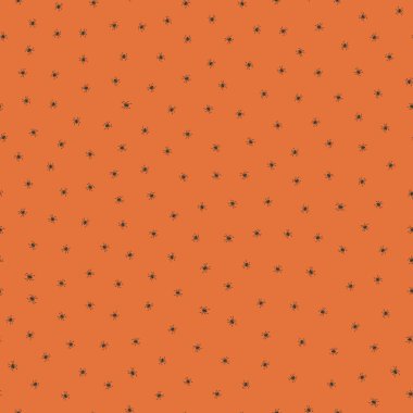 Silüet örümceklerle donuk bir Cadılar Bayramı deseni. Vektör el çizimi illüstrasyon. Turuncu arka planda minik siyah eklembacaklılar. Ekim ayının sonbahar tatili arkaplanı, ambalaj ve baskı için. Ürkütücü sürüngenler.