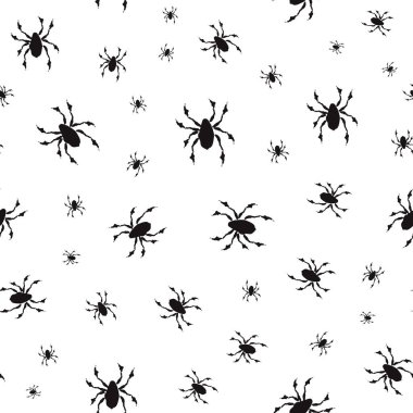 Silüet örümceklerle kusursuz bir Cadılar Bayramı deseni. Vektör el çizimi illüstrasyon. Beyaz arka planda minik siyah eklembacaklılar. Ekim ayının sonbaharında ambalaj ve baskı için arka plan. Ürkütücü sürüngenler..