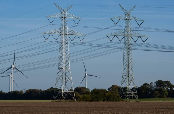 Power Grid Power Pole Lines Background Wind Turbines Energy Production — Stock Photo, Image