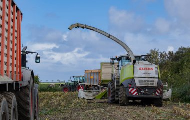 Hamburg, Almanya - 11 Ekim 2023: Claas Jaguar mısır helikopteri ve FENDT 714 Vario traktörü Veenhuis Super Silagewagon ile mısır hasadı sırasında