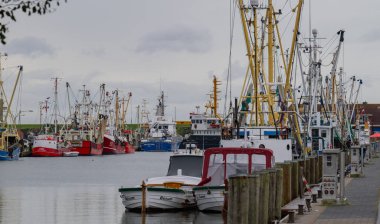 Brunsbuttel, Almanya - 13 Eylül 2023: Alman Kuzey Denizi kıyısındaki Bsum balıkçı limanında çeşitli balıkçı tekneleri demirledi