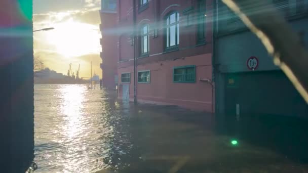 Sturmflut Und Elbehochwasser Hamburger Hafen Pauli Fischmarkt Fischversteigerungshalle — Stockvideo