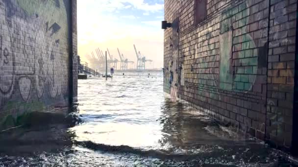 ハンブルクの港で嵐のサージとエルベ洪水 パウリ魚市場魚オークションホール — ストック動画