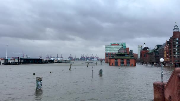 Tormenta Oleada Elba Inundación Puerto Hamburgo Pauli Mercado Pescado Salón — Vídeo de stock