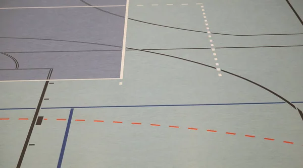 Hall floor in a sports hall with various playing field lines