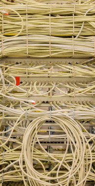 Bir veri merkezinde dağıtım anahtarlarına giden RJ45 bakır ağ kablosu