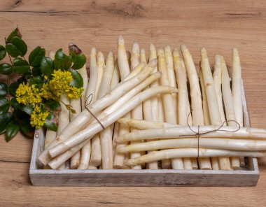White asparagus on a wooden plate clipart