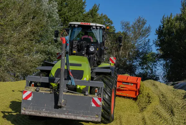 Hamburg, Almanya - 11 Ekim 2023: Mısır hasadı sırasında traktör CLAAS Xerion 5000 TRAC